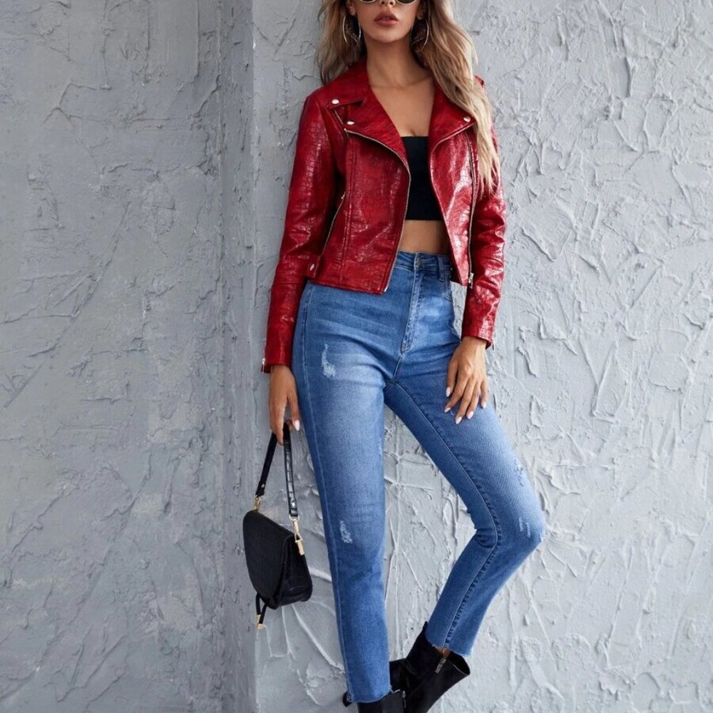 Burgundy Wine Red PU Leather Crocodile Zip Up Moto Jacket - Picture 6 of 6